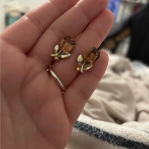 Gold-Tone Brown Crystal Floral screw on Earrings